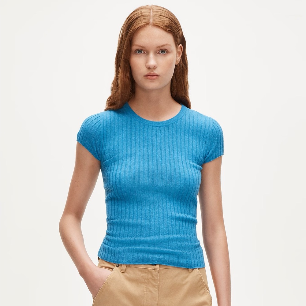 NWT J. Crew Featherweight Cashmere short sleeve sweater, Cerulean, size medium.